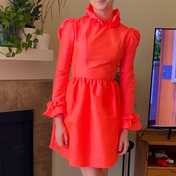 Batsheva Mini Prairie Dress in Neon Sunset Coral Pink - Picture 4 of 12
